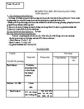 Ma trận và đề kiểm tra học kì I Địa lí lớp 9 (Có đáp án) - Năm học 2015-2016